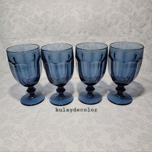 Vintage Libbey Gibraltar Duratuff Blue Goblets Set of 4 Heavy Duty Pressed Glass
